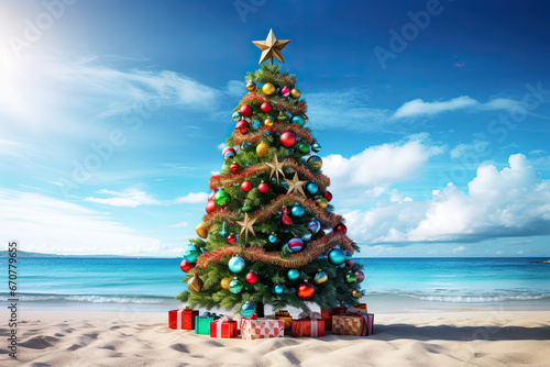 a christmas tree on sandy beach