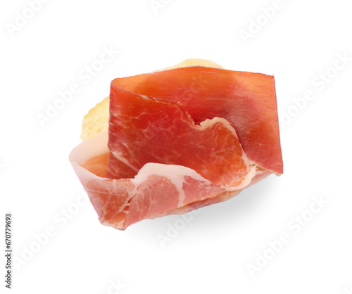 Tasty sandwich with cured ham isolated on white, top view