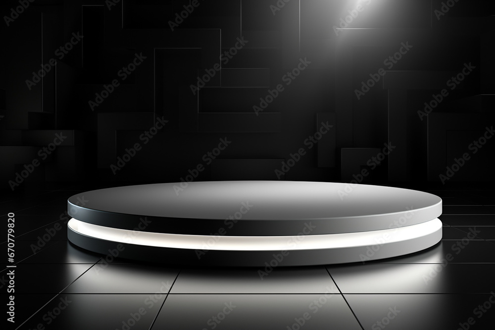 Ai Generative photo white light round podium and black background for mock up realistic image Ai Generative photo white light round podium and black background for mock up realistic image