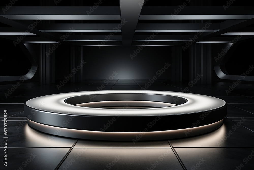 Ai Generative photo white light round podium and black background for mock up realistic image Ai Generative photo white light round podium and black background for mock up realistic image