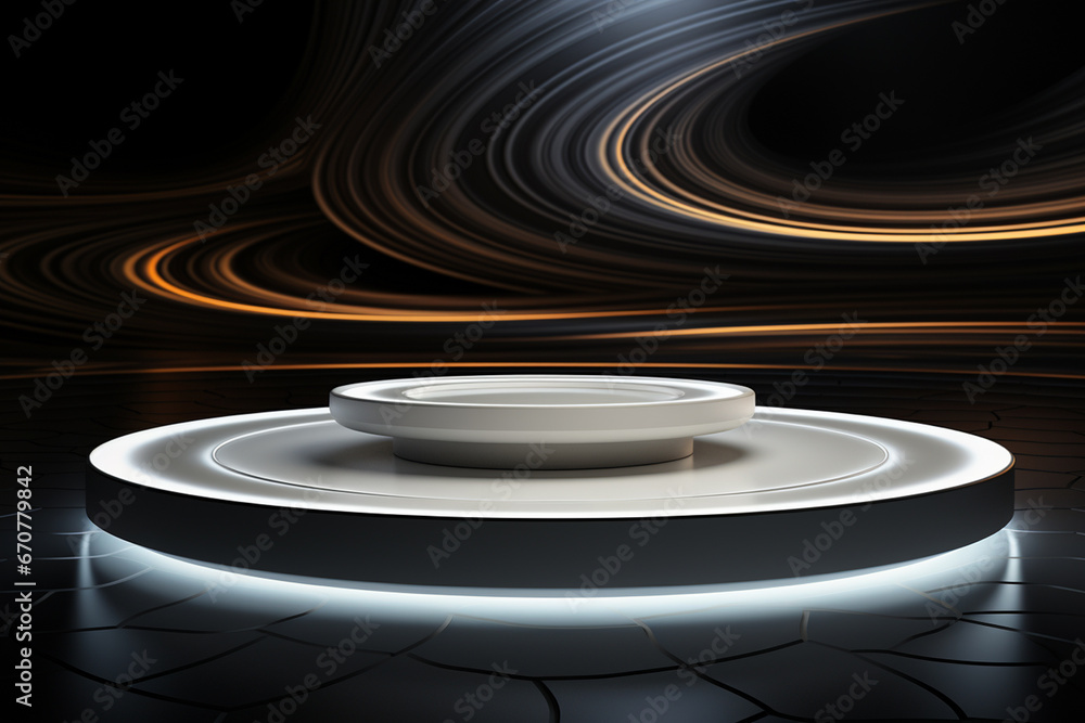 Ai Generative photo white light round podium and black background for mock up realistic image Ai Generative photo white light round podium and black background for mock up realistic image