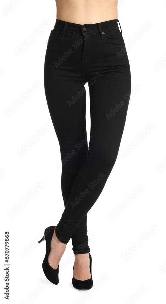 Woman wearing stylish black jeans and high heels shoes on white background, closeup Woman wearing stylish black jeans and high heels shoes on white background, closeup