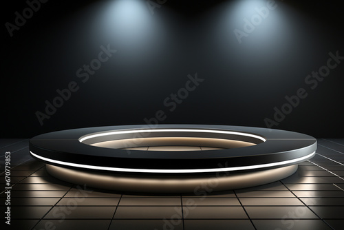 Ai Generative photo white light round podium and black background for mock up realistic image