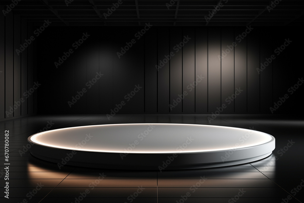 Ai Generative photo white light round podium and black background for mock up realistic image Ai Generative photo white light round podium and black background for mock up realistic image