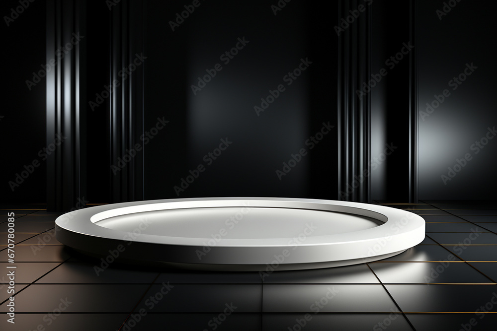 Ai Generative photo white light round podium and black background for mock up realistic image Ai Generative photo white light round podium and black background for mock up realistic image