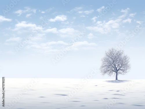 Winter landscape scene with a snow-covered Christmas tree in the middle of a field