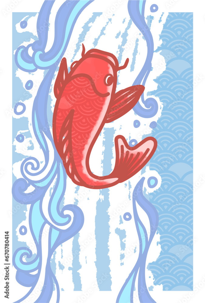 模写】谷文晁/鯉滝昇り図/登龍門図/鯉図/掛軸/名家伝来/AC-