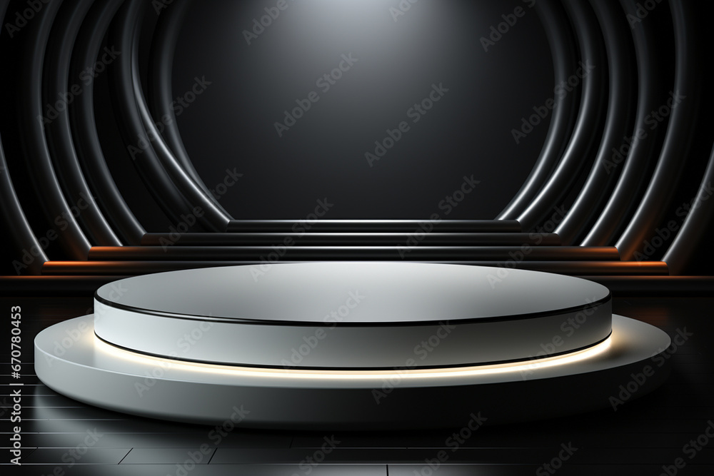 Ai Generative photo white light round podium and black background for mock up realistic image Ai Generative photo white light round podium and black background for mock up realistic image