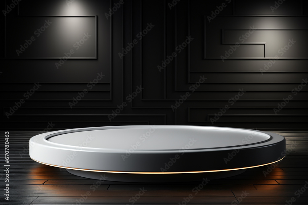 Ai Generative photo white light round podium and black background for mock up realistic image Ai Generative photo white light round podium and black background for mock up realistic image