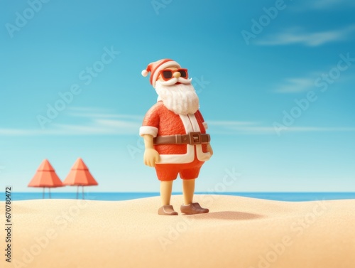 Santa Claus enjoying the warm weather and taking a beach walk. 3d style imitation. Summer Christmas mood. Copy space.