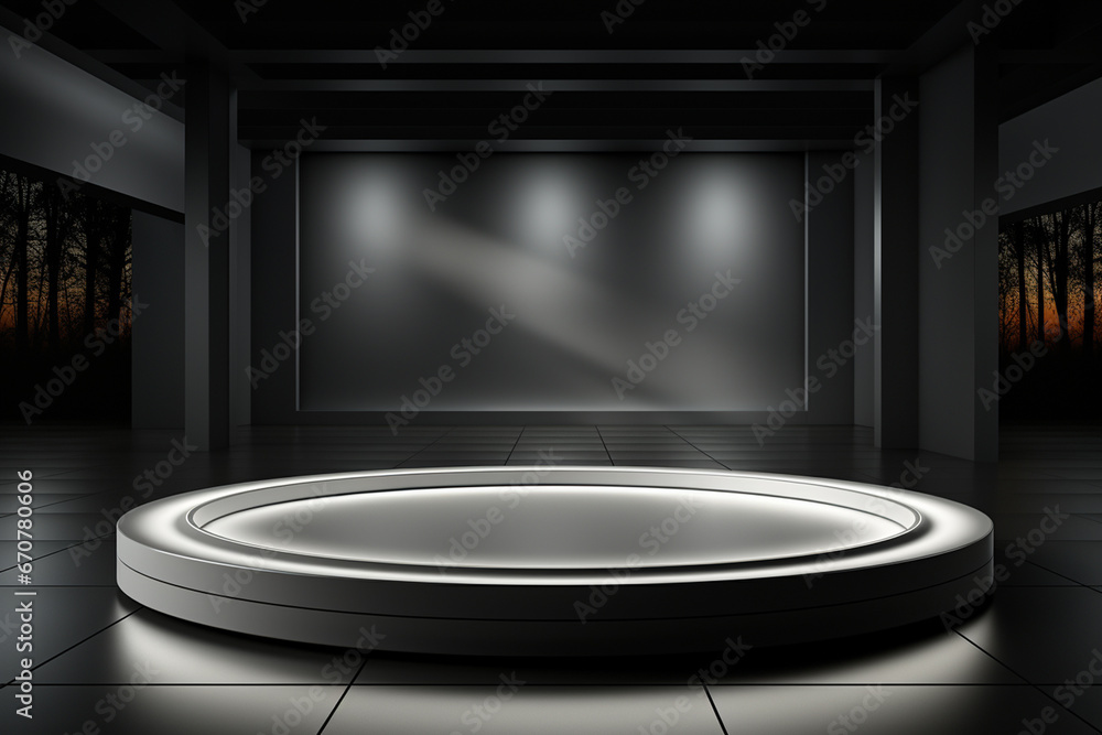 Ai Generative photo white light round podium and black background for mock up realistic image Ai Generative photo white light round podium and black background for mock up realistic image