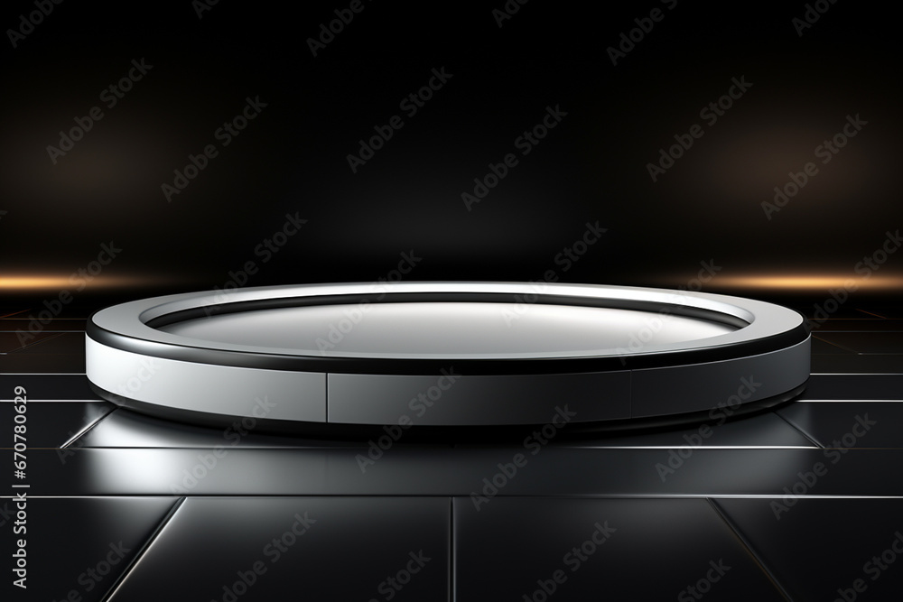 Ai Generative photo white light round podium and black background for mock up realistic image Ai Generative photo white light round podium and black background for mock up realistic image