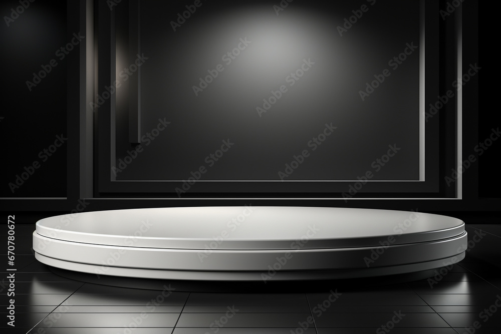 Ai Generative photo white light round podium and black background for mock up realistic image Ai Generative photo white light round podium and black background for mock up realistic image