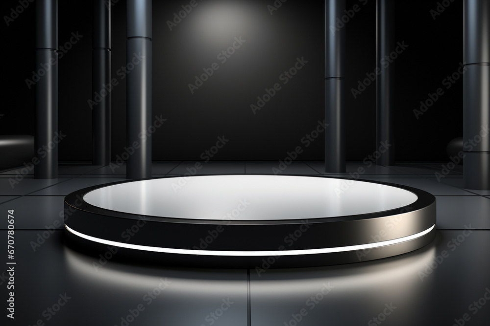 Ai Generative photo white light round podium and black background for mock up realistic image Ai Generative photo white light round podium and black background for mock up realistic image
