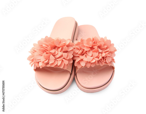 Pair of stylish coral slippers isolated on white