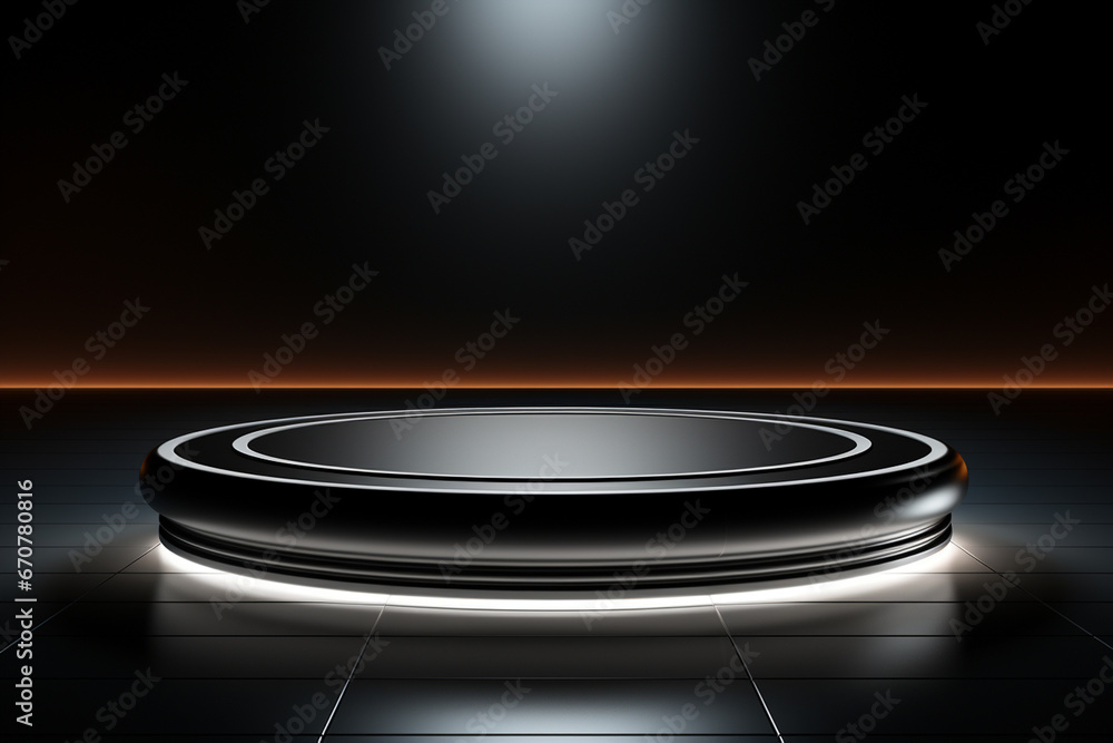 Ai Generative photo white light round podium and black background for mock up realistic image Ai Generative photo white light round podium and black background for mock up realistic image