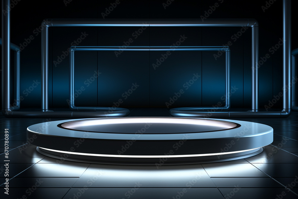 Ai Generative photo white light round podium and black background for mock up realistic image Ai Generative photo white light round podium and black background for mock up realistic image