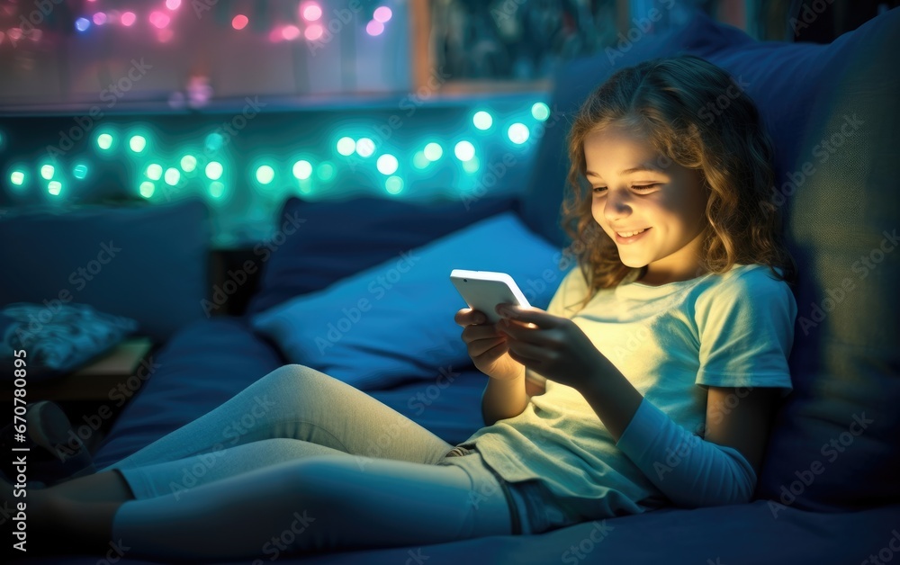 Smiling girl is relaxing on a couch while using her smartphone Smiling girl is relaxing on a couch while using her smartphone