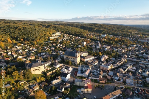 Moravsky Sternberk aerial panorama landscape view of old historical town, churches, cathedral and castle,Bohemia, Czech republic,Europe