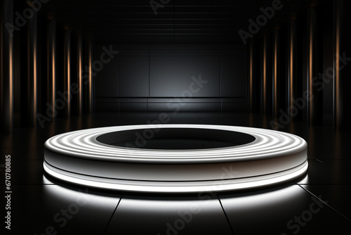 Ai Generative photo white light round podium and black background for mock up realistic image