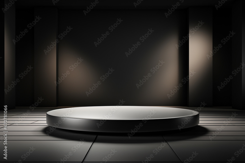Ai Generative photo white light round podium and black background for mock up realistic image Ai Generative photo white light round podium and black background for mock up realistic image