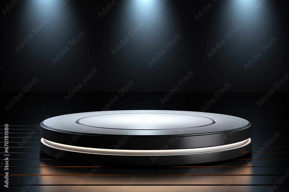 Ai Generative photo white light round podium and black background for mock up realistic image Ai Generative photo white light round podium and black background for mock up realistic image