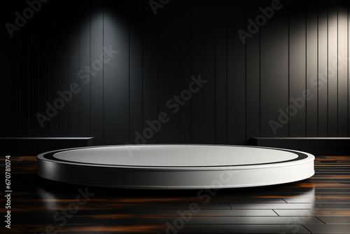 Ai Generative photo white light round podium and black background for mock up realistic image