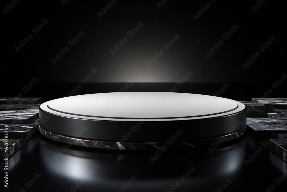 Ai Generative photo white light round podium and black background for mock up realistic image Ai Generative photo white light round podium and black background for mock up realistic image