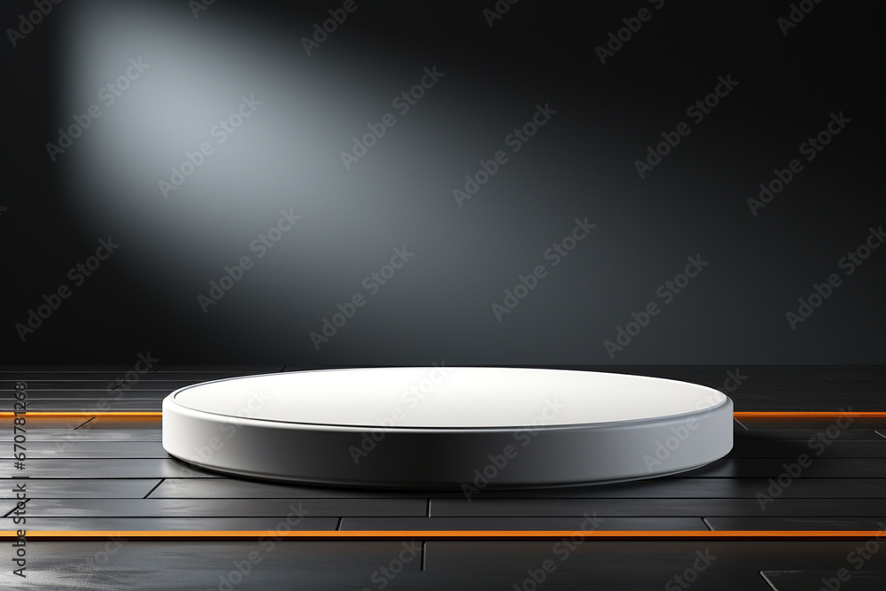 Ai Generative photo white light round podium and black background for mock up realistic image Ai Generative photo white light round podium and black background for mock up realistic image