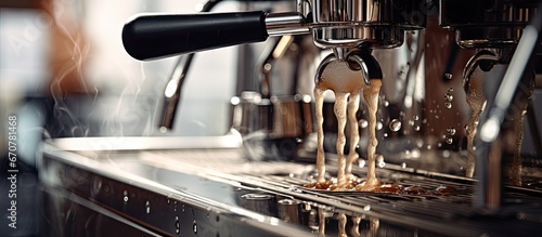 Fotografia Close up photo of coffee machine being rinsed with bottomless portafilter