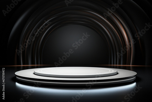 Ai Generative photo white light round podium and black background for mock up realistic image 
