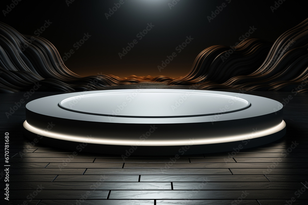 Ai Generative photo white light round podium and black background for mock up realistic image
