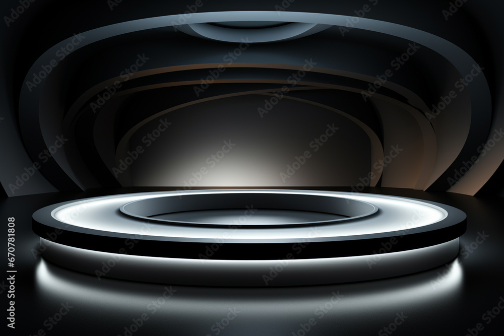 Ai Generative photo white light round podium and black background for mock up realistic image Ai Generative photo white light round podium and black background for mock up realistic image