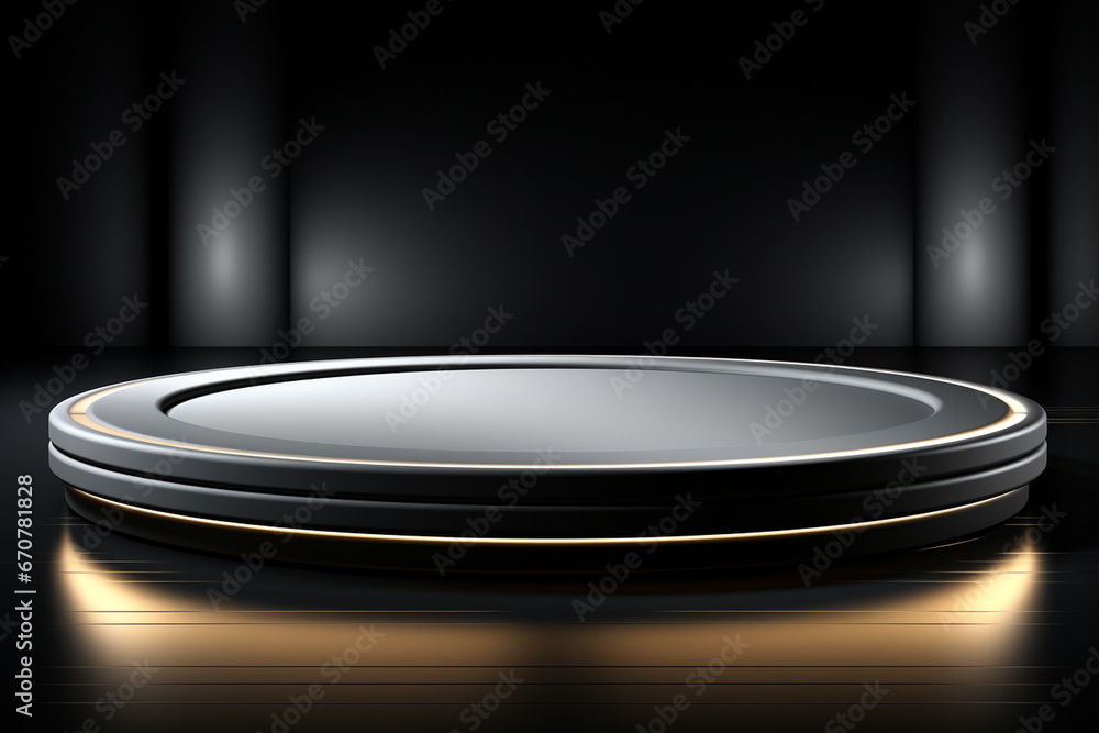 Ai Generative photo white light round podium and black background for mock up realistic image Ai Generative photo white light round podium and black background for mock up realistic image