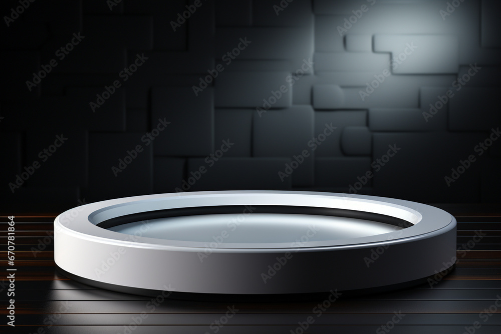 Ai Generative photo white light round podium and black background for mock up realistic image Ai Generative photo white light round podium and black background for mock up realistic image
