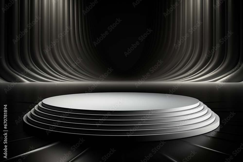 Obraz premium Ai Generative photo white light round podium and black background for mock up realistic image