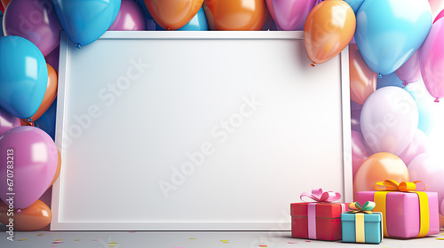 colorful balloons, gift boxes and balloon decoration on a wooden table with blank white card.  photo