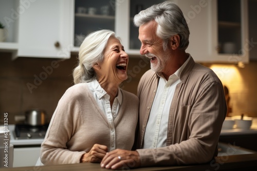 Happy senior husband and wife enjoy singing in kitchen appliances and cooking together at home.