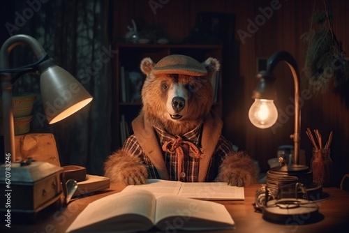 bear dressed working at night sitting with lamp having a lot of tasks