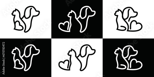 dog and cat logo design. vector design illustration of dog and cat element symbols with love. pet care white linear style. logo for pets