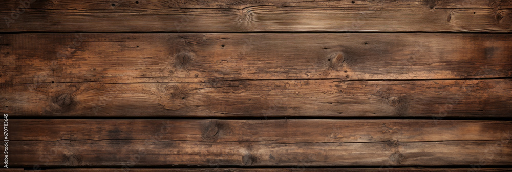 Obraz premium Old dark wood planks texture background, vintage brown wooden long boards of barn wall. Panoramic wide banner. Theme of rustic design, nature, wallpaper, woodgrain, material