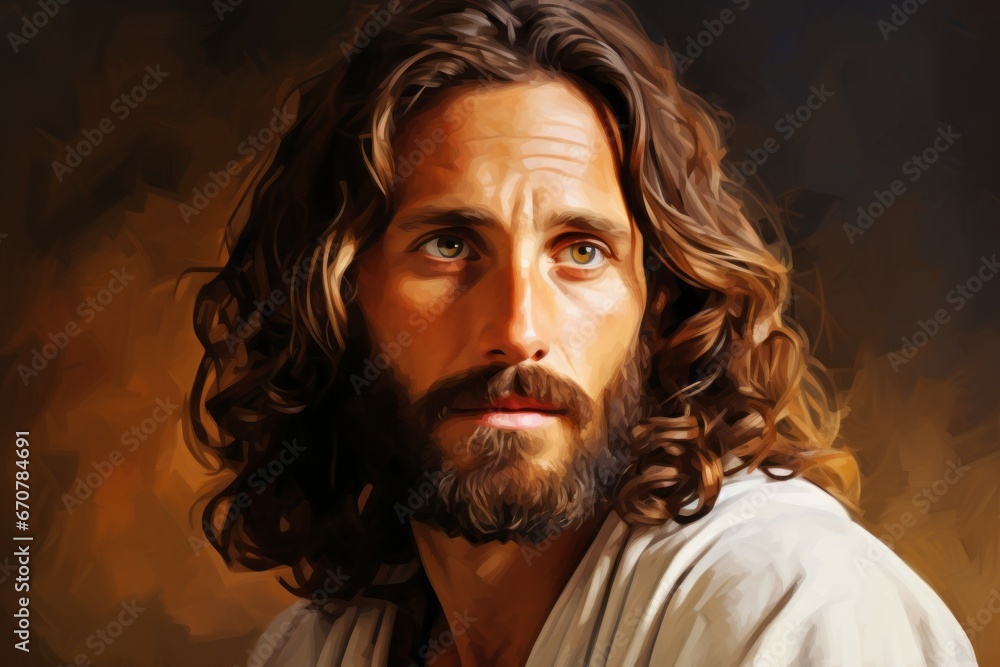 Jesus Christ in a drawing style in warm colors. Religious concept with selective focus and copy space Jesus Christ in a drawing style in warm colors. Religious concept with selective focus and copy space
