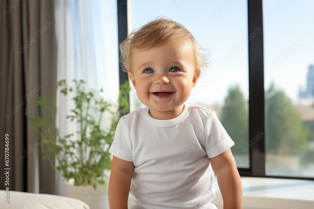 Happy smiling baby. Portrait with selective focus and copy space