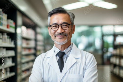 Male pharmacist. Portrait with selective focus and copy space