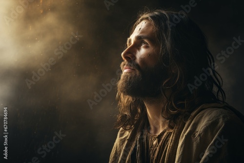 Jesus Christ praying to God. Religious concept with selective focus and copy space