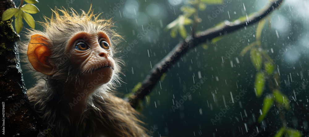 Baby Monkey Captivated by Rain in Lush Rainforest
