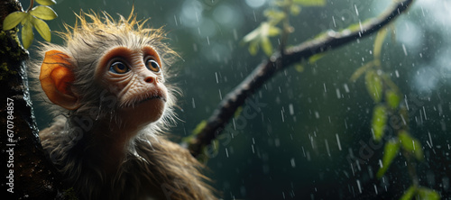 Baby Monkey Captivated by Rain in Lush Rainforest © Arunatic Studio