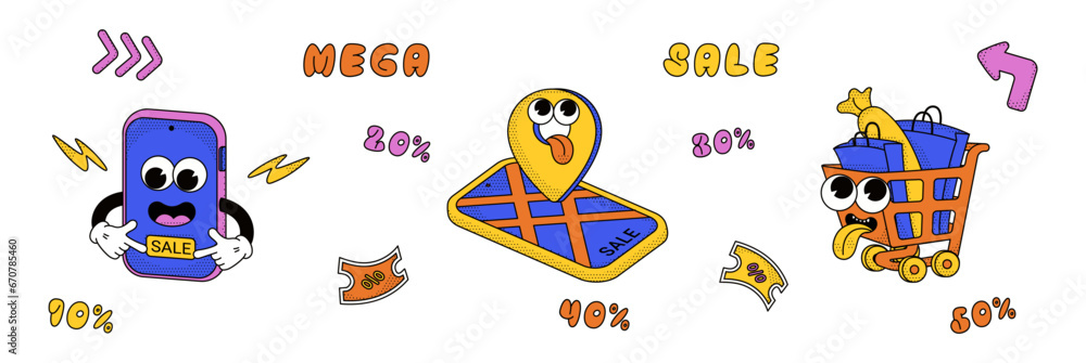 custom made wallpaper toronto digitalSet of cool trendy groovy sale promo characters of phone, shop cart with bags, geo pin, 10-50 discounts percent, bubble lettering Mega Sale. Isolated vector comic cartoon mascots