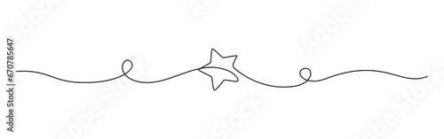 One continuous line drawing of Christmas frame and border with stars. Festive break line with flourish pattern in simple linear style. Doodle outline vector illustration