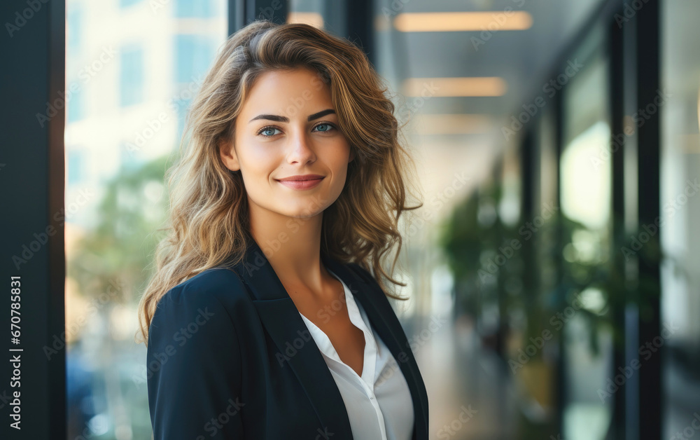 Young smiling businesswoman staying in the office and looking at the full wall window Young smiling businesswoman staying in the office and looking at the full wall window